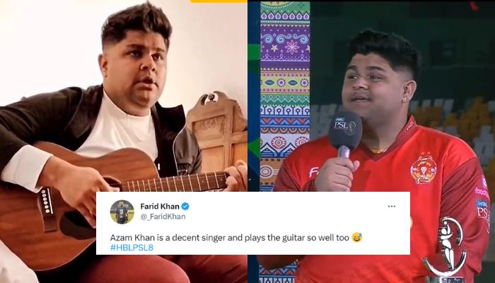 Video screengrabs show cricketer Azam Khan singing and playing the guitar. — Twitter/khelshel/thePSLt20