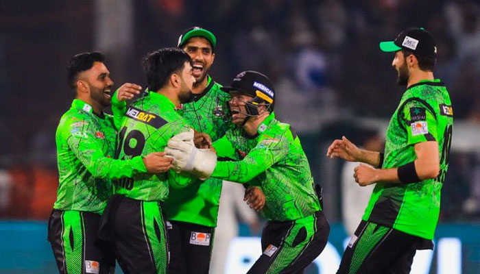 Lahore Qalandars celebrate during the 20th match of the Pakistan Super League (PSL) at the Gaddafi Stadium in Lahore on March 4, 2023. — PSL