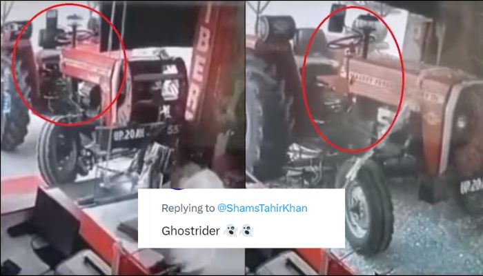 A video screengrab shows a tractor ramming into a store in India.— Twitter/jesbhullar