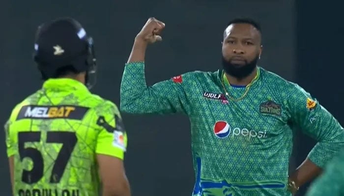 Kieron Pollard gestures at Abdullah Shafique during the 13th over of the first innings of the 20th match of the Pakistan Super League (PSL) in the Gaddafi Stadium in Lahore on March 4, 2023. — Twitter/MAyhanAli
