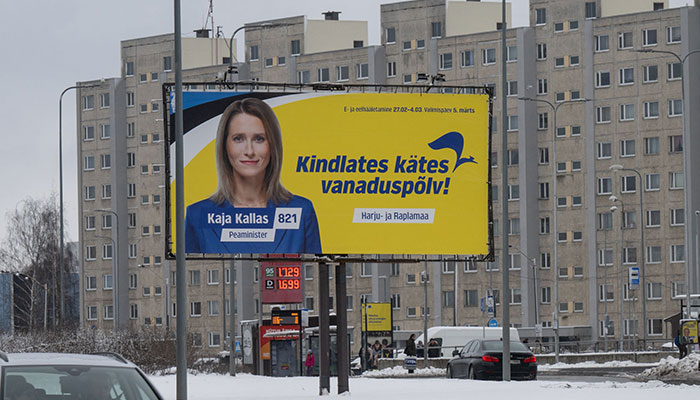 An election poster featuring Prime Minister Kaja Kallas of the Reform Party is seen in Viimsi, Estonia on March 5, 2023 during parliamentary elections. —AFP