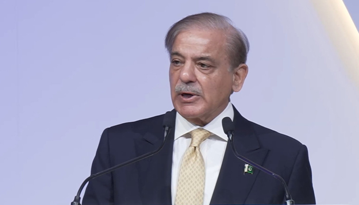 Prime Minister Shehbaz Sharif while addressing the fifth United Nations Conference on the Least Developed Countries (LDC5) in Doha, Qatar on March 6, 2023. — APP