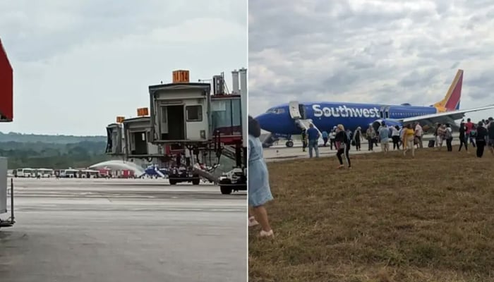 A picture shows a firefighter extinguishing fire from the plane (left) while the emergency landed plane (right) can be seen from where people are coming out hastily on March 6, 2023. — Twitter/Onaviation