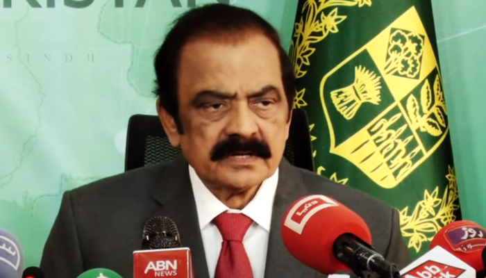 Interior Minister Rana Sanaullah addresses a press conference in Islamabad, on March 6, 2023, in this still taken from a video. — YouTube/PTVNewsLive