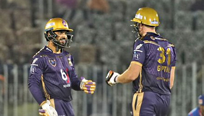Quetta Gladiators batters during the 22nd match of the Pakistan Super League (PSL) at the Pindi Cricket Stadium in Rawalpindi on March 6, 2023. — PSL
