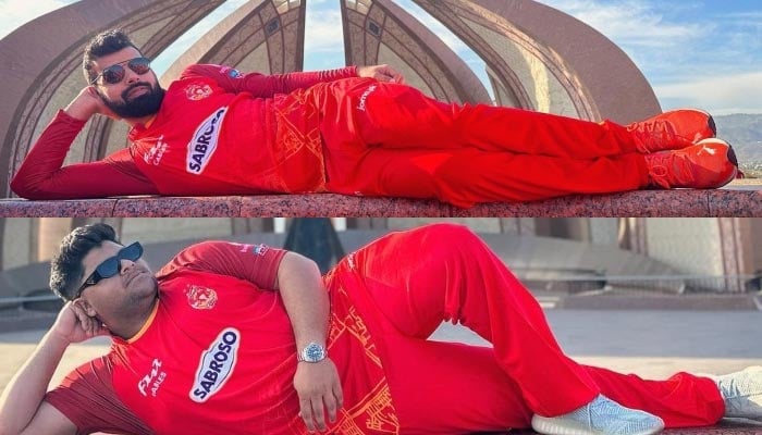 Islamabad United players Shadab Khan (top) and Azam Khan pose for the camera in front of the historic Pakistan Monument. — Twitter/MAzamKhan45