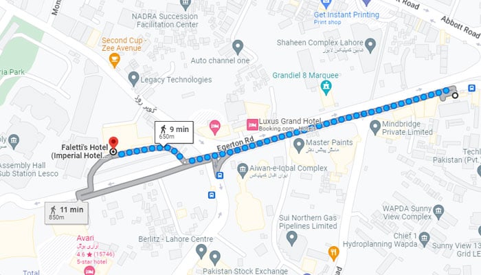 An image of the route of the Aurat March in Lahore on March 8. — GoogleMaps