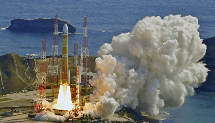 An aerial view shows an H3 rocket carrying a land observation satellite lifts off from the launching pad at Tanegashima Space Center on the southwestern island of Tanegashima, Kagoshima Prefecture, southwestern Japan March 7, 2023. — Reuters