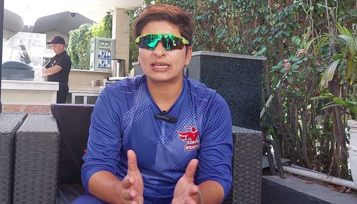 Pakistan womens cricket team senior all-rounder Nida Dar speaks with Geo News in an interview on March 7, 2023. — Photo by author