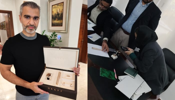 Buisnessman Umar Farooq Zahoor with the Graff watch (left) and NAB team taking a picture of the said watch at the Pakistan Consulate in Dubai. — Reporter