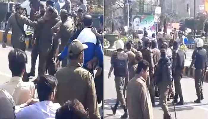 Police taking action against PTI workers gathering in Zaman Park ahead of the election rally. — screengrab