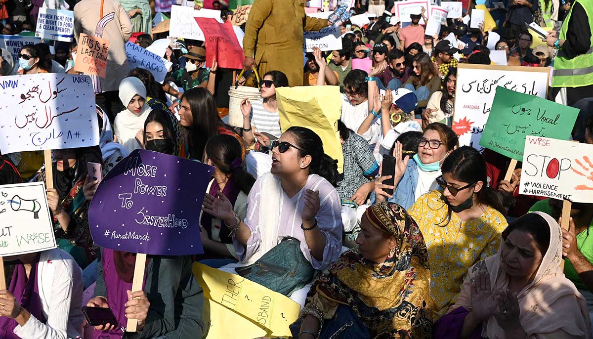 Aurat March supporters during a rally in Lahore. — AFP