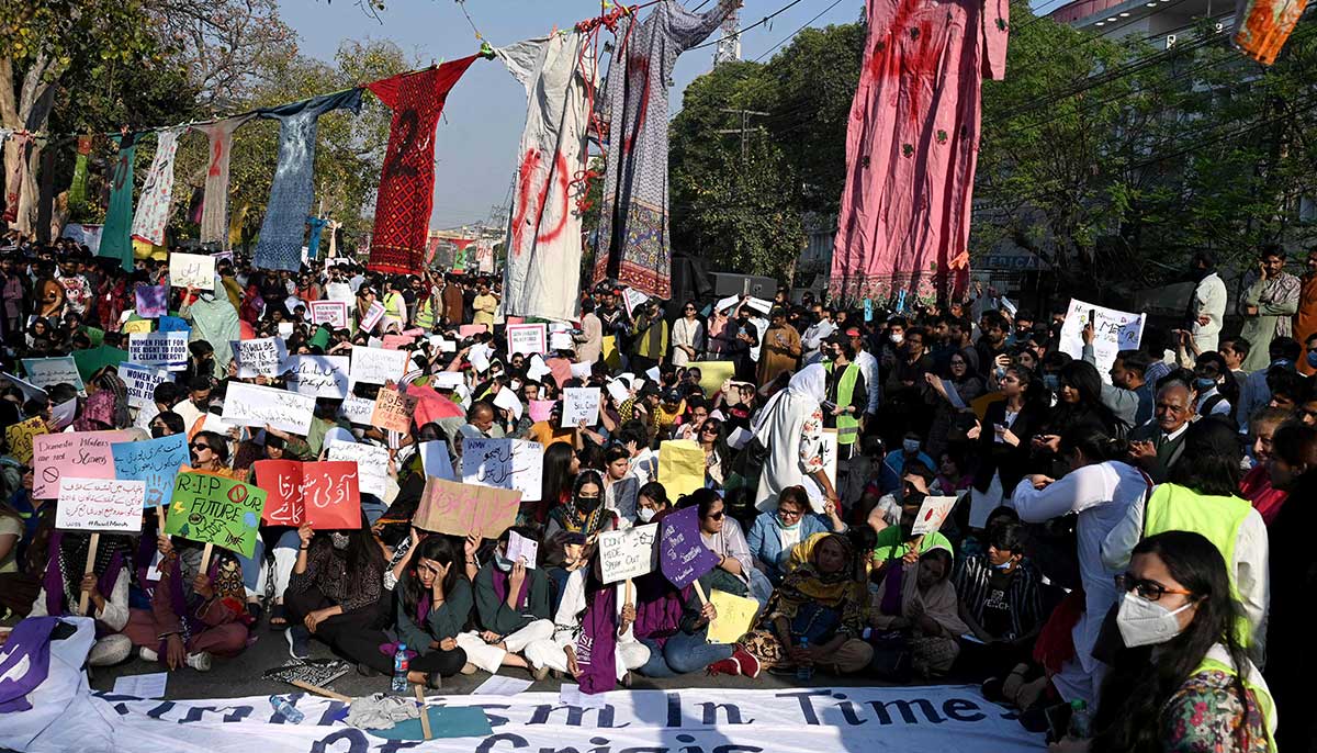 Activists of Aurat March take part in a rally to mark the International Women´s Day in Lahore. — AFP