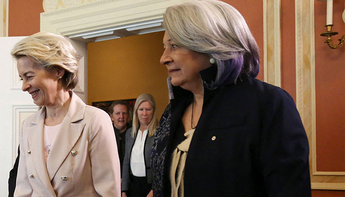 Canada´s Governor General Mary Simon (R) greets European Commission president Ursula von der Leyen during a meeting at Rideau Hall on March 8, 2023, in Ottawa, Canada. — AFP