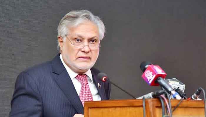 Finance Minister Ishaq Dar addressing a seminar. — PID