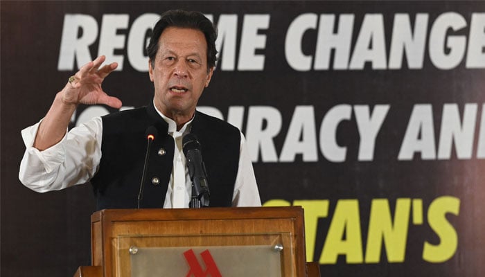 PTI Chairman Imran Khan addressing a seminar at a private hotel. — AFP/File
