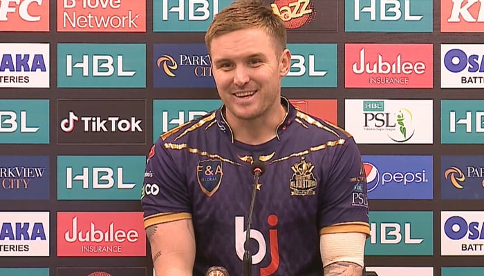 Quetta Gladiators top-order batter Jason Roy addresses a press conference in Islamabad on March 8, 2023. — Photo by author