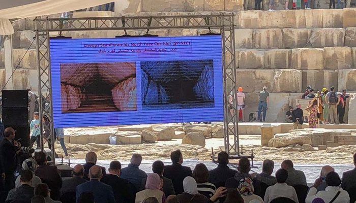 An image of a hidden corridor inside the Great Pyramid of Giza that was discovered by researches from the Scan Pyramids project is displayed during a news conference of the Egyptian Minister of Tourism and Antiquities Ahmed Eissa in front of the Great Pyramid of Giza, Giza, Egypt March 2, 2023. — Reuters