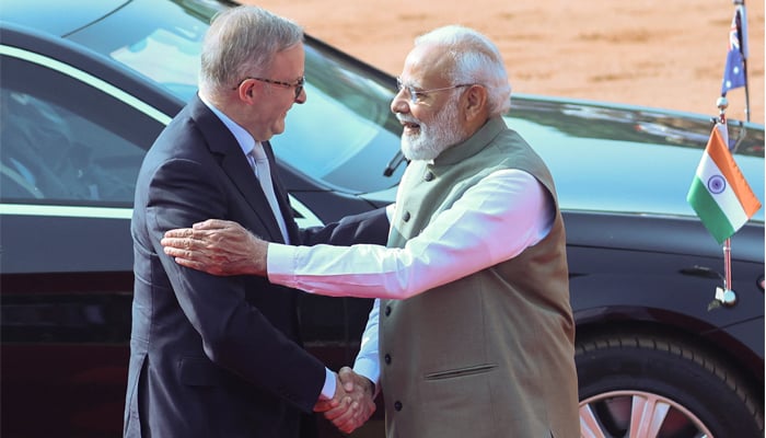 Australian Prime Minister Anthony Albanese (left) shakes hands with his Indian counterpart Narendra Modi during his ceremonial reception at the forecourt of Indias Rashtrapati Bhavan Presidential Palace in New Delhi, India, March 10, 2023. — Reuters