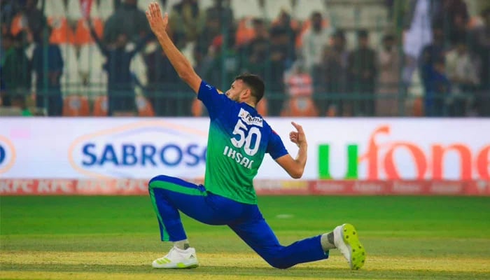 Multan Sultans Ihsanullah celebrates after taking a wicket against Islamabad United during PSL 8. — PCB