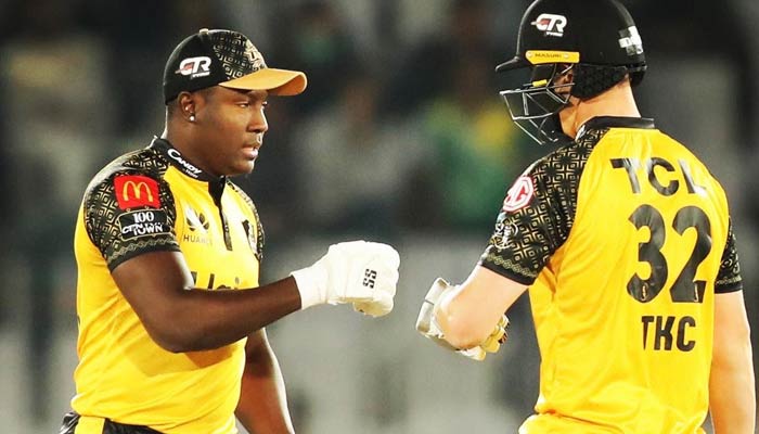 Peshawar Zalmi’s Rovman Powell (left) during a match in the eighth edition of the Pakistan Super League (PSL). — Twitter/@Ravipowell26