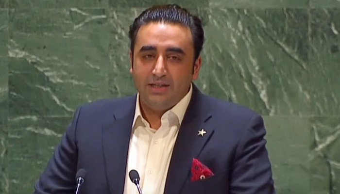 Foreign Minister Bilawal Bhutto-Zardari addresses a special high-level meeting to commemorate International Day to Combat Islamophobia at the United Nations, on March 10, 2023, in this still taken from a video. — YouTube/Geo News