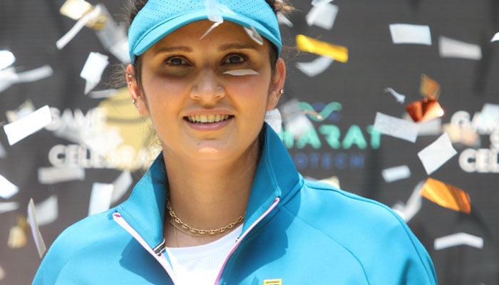 Indian tennis star Sania Mirza expressing joy as she bade adieu to the court on March 5, 2023. Twitter