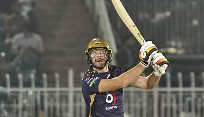 Quetta Gladiators Jason Roy hits a shot during the 25th match of the Pakistan Super League (PSL) at the Pindi Cricket Stadium in Rawalpindi on March 8, 2023. — PSL