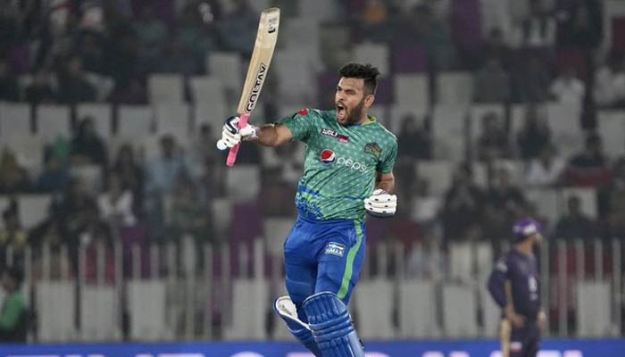 Multan Sultans Usman Khan celebrates during the 28th match of the Pakistan Super League (PSL) at the Pindi Cricket Stadium in Rawalpindi on March 11, 2023. — Twitter/MultanSultans