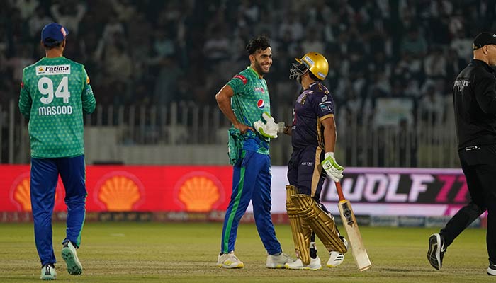 Multan Sultans and Quetta Gladiators players interact during their Pakistan Super League match in Rawalpindi, on March 11, 2023. — PSL