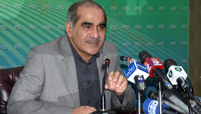 Federal Minister for Railways Khawaja Saad Rafique addressing a press conference in the federal Capital. — Online/File