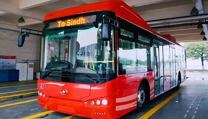 A bus from Peoples Bus Service stands parked at its terminal in Karachi. — Twitter/pbsbrtsindh