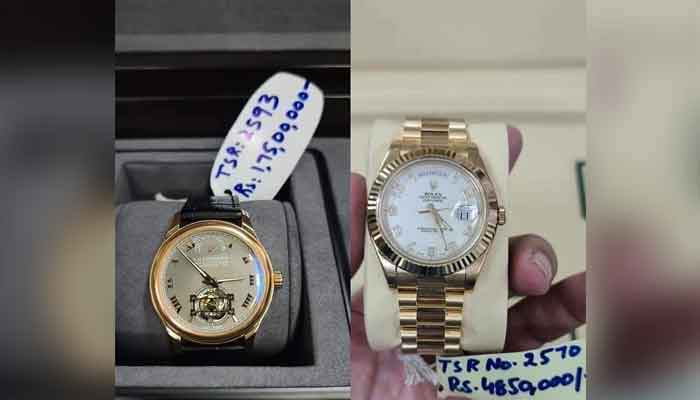 The combo shows LU Chopard watch worth Rs17.5 million (L) and Rolex watch worth Rs4.85 million.—Geo.tv/file
