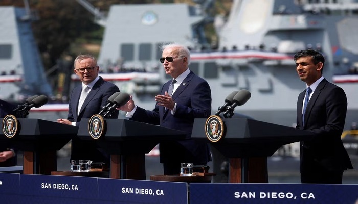 US President Joe Biden, Australian Prime Minister Anthony Albanese and British Prime Minister Rishi Sunak deliver remarks on the Australia - United Kingdom - US (AUKUS) partnership, after a trilateral meeting, at Naval Base Point Loma in San Diego, California. — Reuters/File