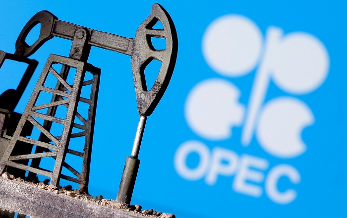 A 3D-printed oil pump jack is seen in front of displayed OPEC logo in this illustration picture, April 14, 2020. — Reuters/File Photo