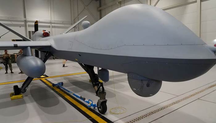 A US Air Force MQ-9 Reaper drone sits in a hanger at Amari Air Base, Estonia, July 1, 2020. — Reuters