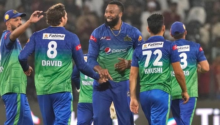 Multan Sultans celebrate after defeating Lahore Qalandars in a thrilling qualifier at the Gaddafi Stadium in Lahore on March 15, 2023. — Twitter/@thePSLt20