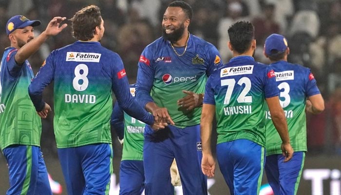 Multan Sultans celebrate after defeating Lahore Qalandars in a thrilling qualifier at the Gaddafi Stadium in Lahore on March 15, 2023. — Twitter/thePSLt20