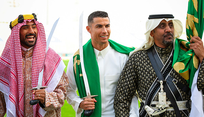 Al-Nassrs Cristiano Ronaldo celebrates Saudi Arabias Founding Day wearing local traditional clothes at Al-Nassr Football Club in Riyadh, Saudi Arabia, February 22, 2023. — Reuters