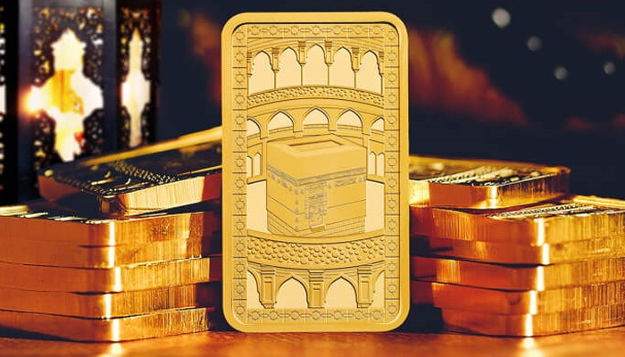 A gold bar depicting the Kaaba.  - UK Royal Mint