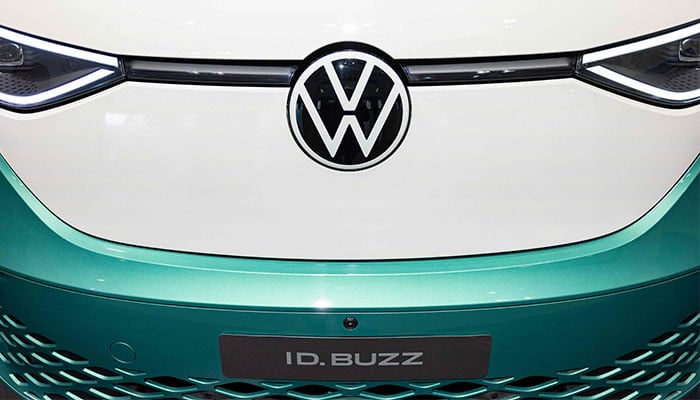 The logo of German car giant Volkswagen (VW) is seen on a Volkswagen ID Buzz van during the company´s annual press conference to present the business report, on March 14, 2023, in Berlin. —AFP