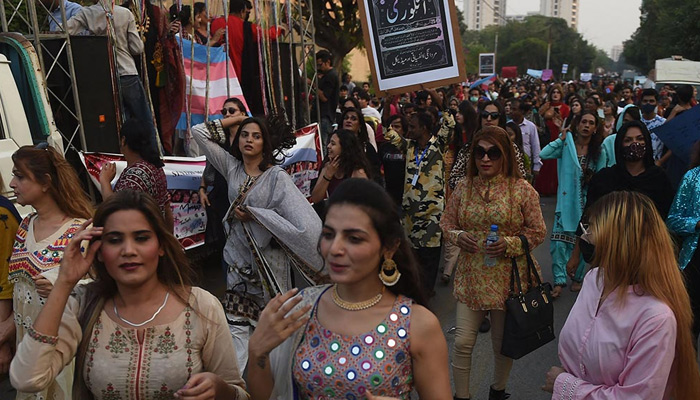 Transgender community activists and supporters gather during Moorat march in Karachi on November 20, 2022. — AFP