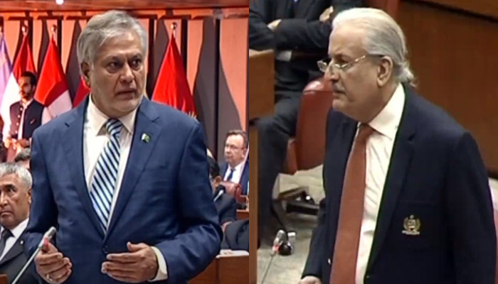 Minister for Finance and Revenue Ishaq Dar (left) andSenator Raza Rabbani during a Senate session in Islamabad on March 16, 2023, in these stills taken from a video. — YouTube/Senate