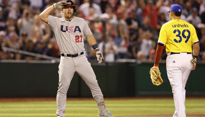 Mike Trout #27 of Team USA reacts after hitting a triple against Team Colombia during the first inning of the World Baseball Classic Pool C game at Chase Field on March 15, 2023, in Phoenix, Arizona. — AFP