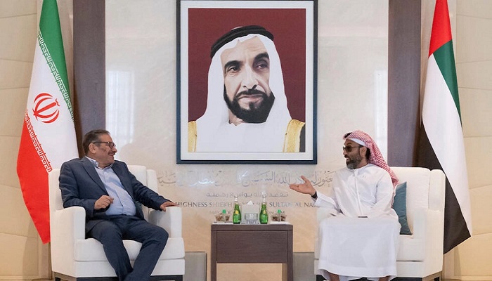 UAE top national security adviser Sheikh Tahnoun bin Zayed al-Nahyan (R) met his Iranian counterpart Ali Shamkhani in Abu Dhabi on Thursday, as seen in this picture released by the Emirati presidency. — AFP