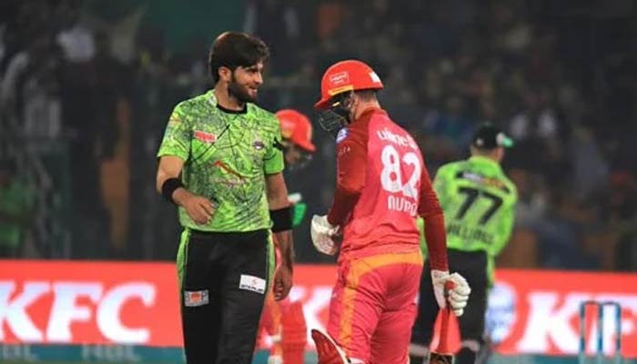 Lahore Qalandars captain Shaheen Shah Afridi and an Islamabad United batter during the 16th match of the eighth season of the Pakistan Super League (PSL) at the Gaddafi Stadium in Lahore on February 27, 2023. — PSL