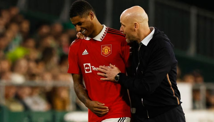 Manchester United manager Erik ten Hag (right) with Marcus Rashford after he was substitutedEuropa League match Real Betis vs Manchester United on March 16, 2023. — Reuters