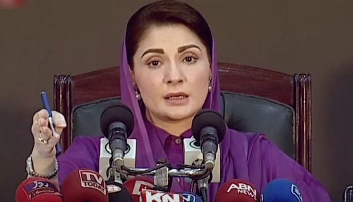 Pakistan Muslim League-Nawaz Senior Vice President Maryam Nawaz addresses a press conference on March 17, 2023, in this still taken from a video. — YouTube/Geo News