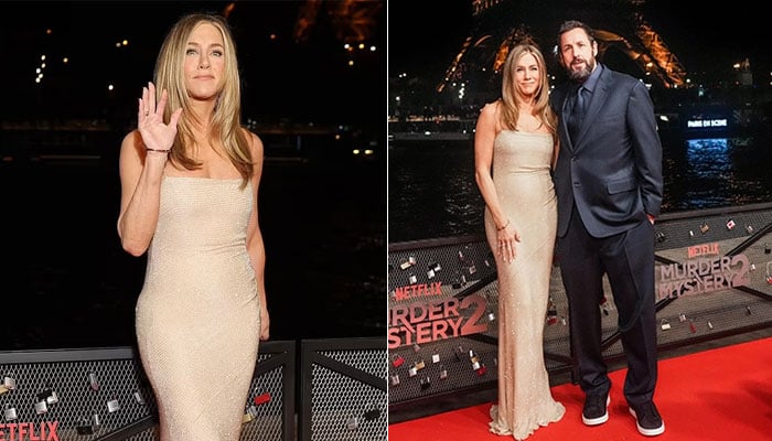 Jennifer Aniston mengenakan gaun emas mewah di sesi pemotretan ‘Murder Mystery 2’ di Paris