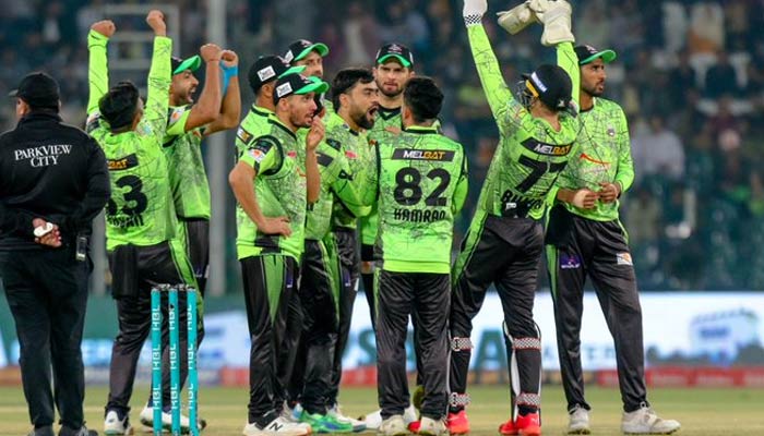 Lahore Qalandars celebrate during the second eliminator of the Pakistan Super League (PSL) at the Gaddafi Stadium in Lahore on March 17, 2023. — PSL